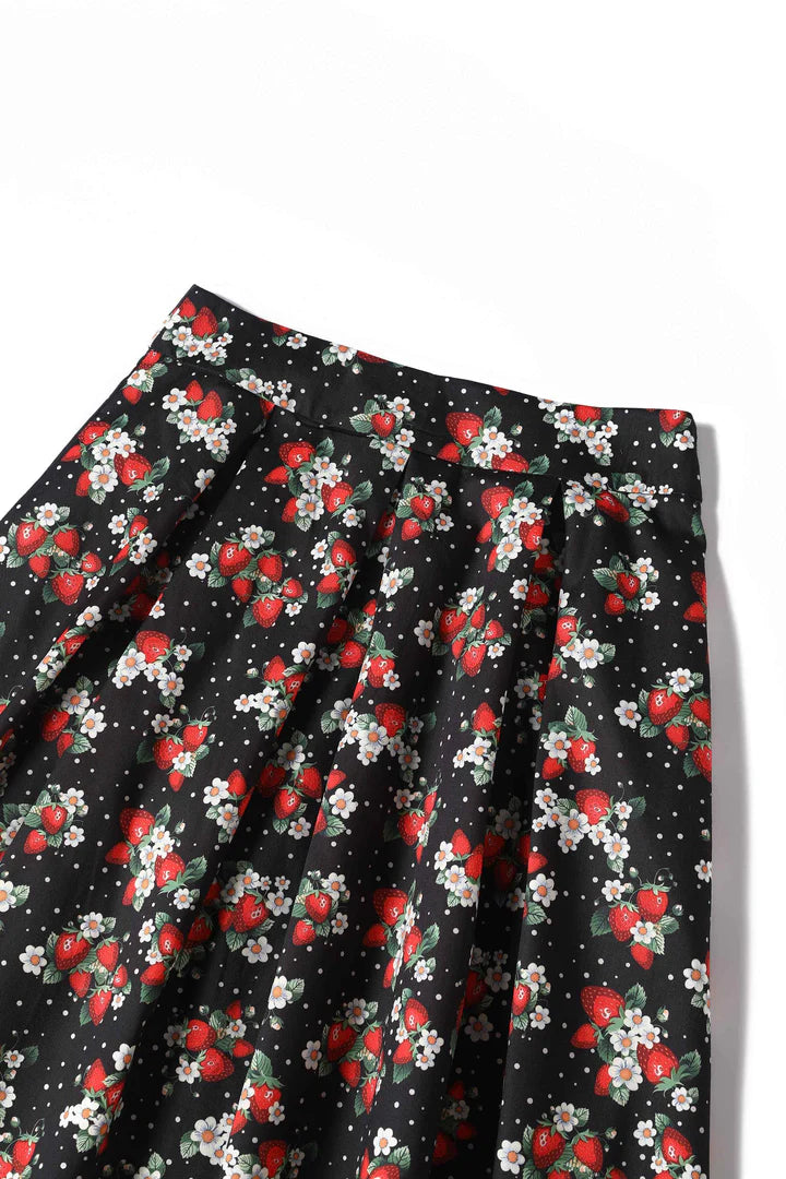 Vintage Style A-Line Skirt, Floral and Strawberry Print, Top View