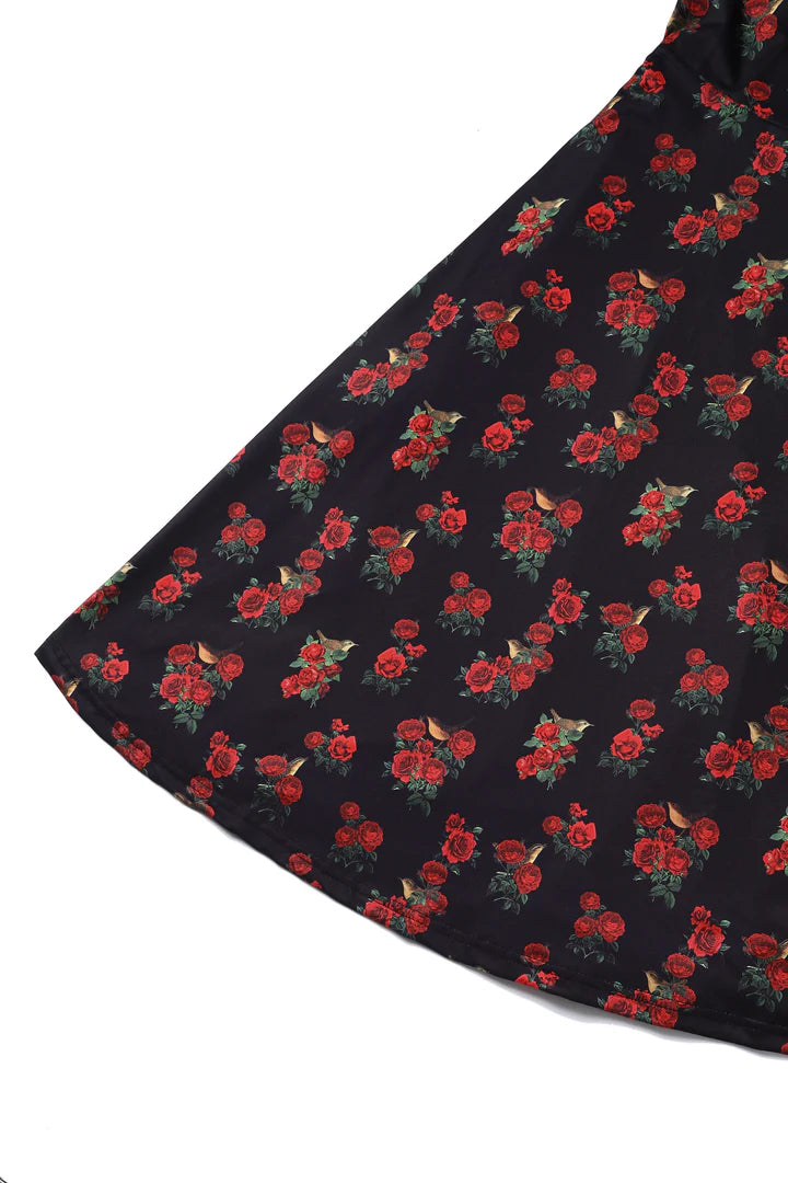 Dolly and Dotty Brenda Black Rose and Bird Print Vintage Dress, View of Skirt