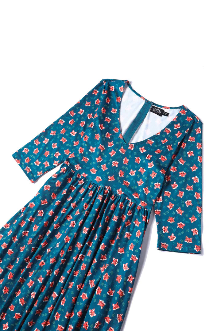 Dolly and Dotty Billie Long Sleeved Blue Fox Print Vintage Dress, Dress Close up