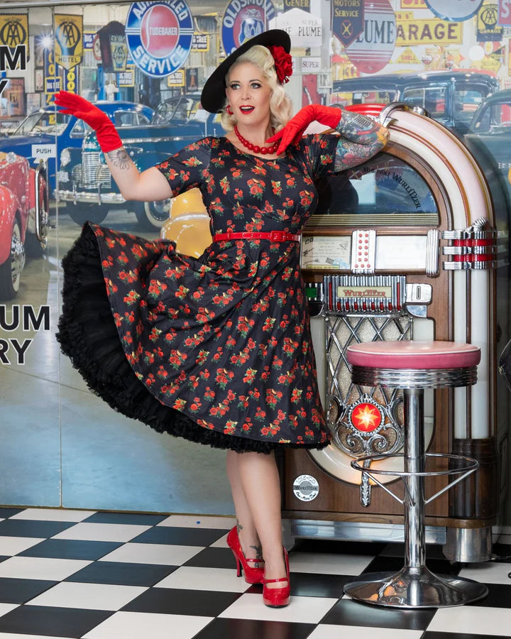 Dolly and Dotty Brenda Black Rose and Bird Print Retro Rockabilly Dress, Front