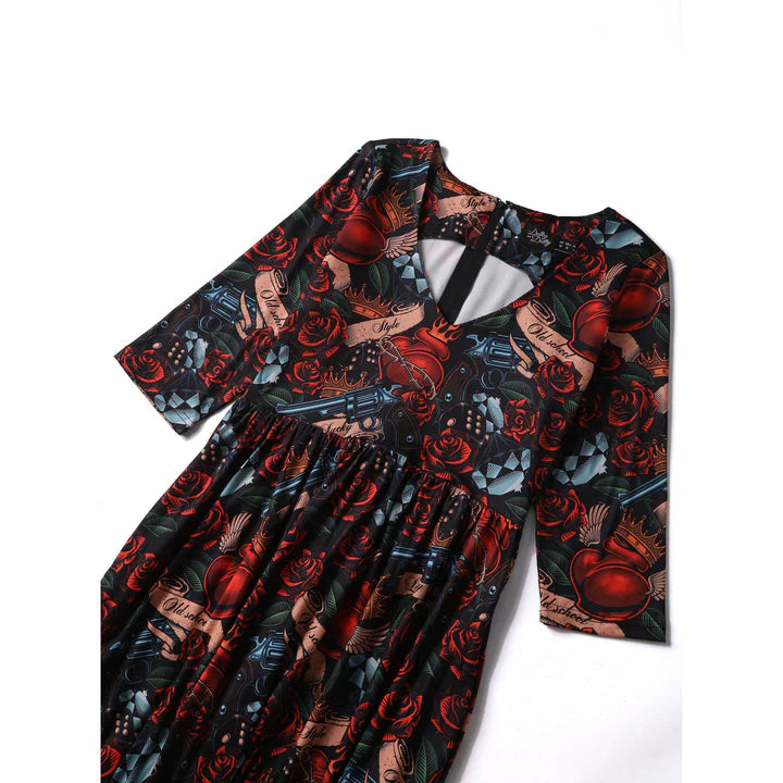 Dolly and Dotty Billie Long Sleeved Guns and Roses Print Retro Dress, Front Close up