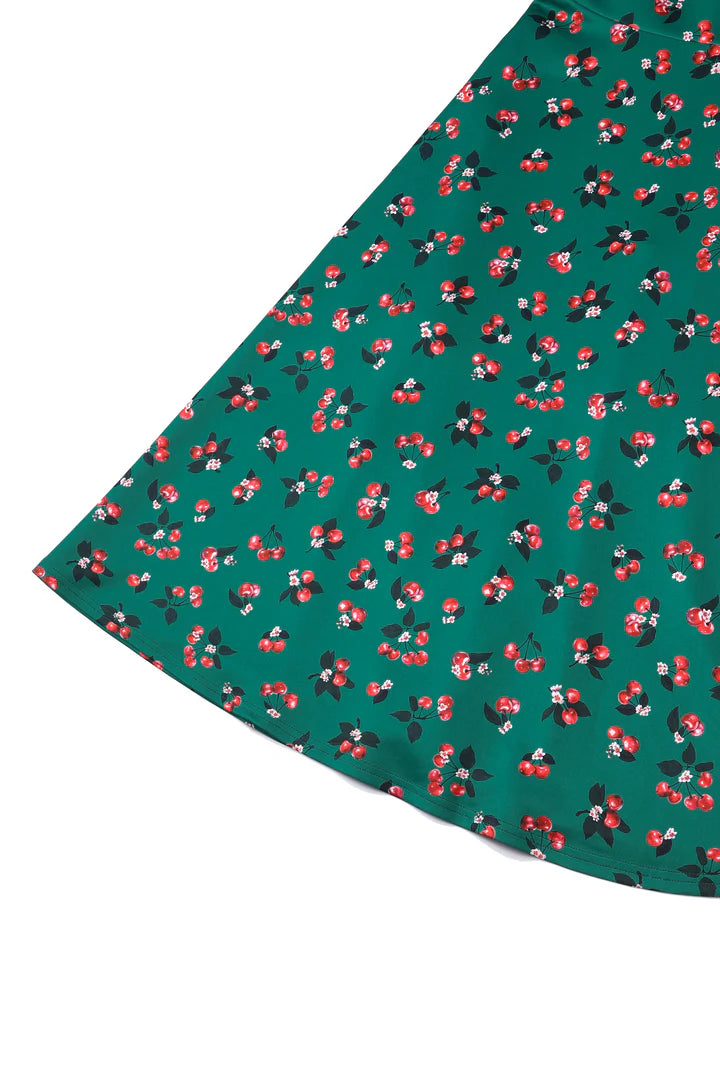 Dolly and Dotty Emerald Cherry Print Retro Dress, Skirt Close up