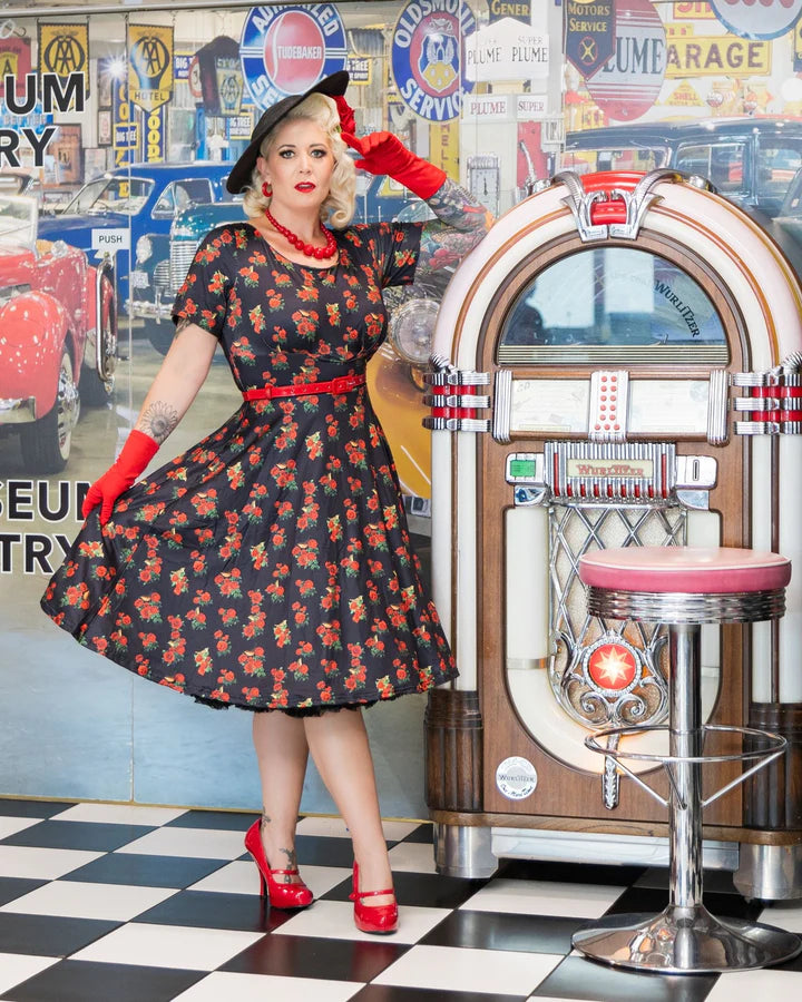 Dolly and Dotty Brenda Black Rose and Bird Print 1950s Dress, Front