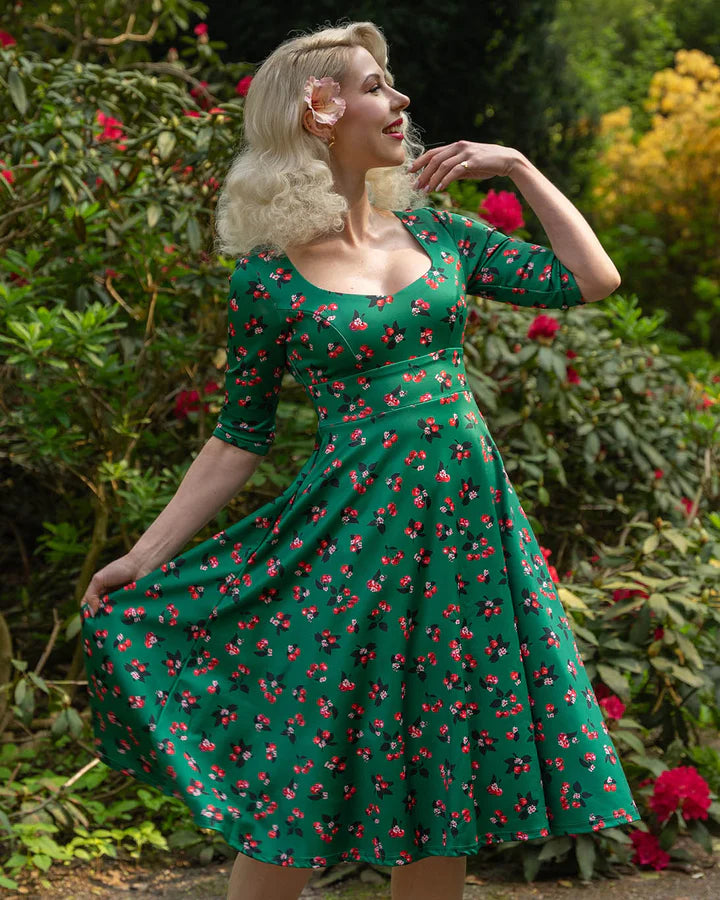 Dolly and Dotty Emerald Cherry Print Sweetheart 1950s Style Vintage Dress, Front