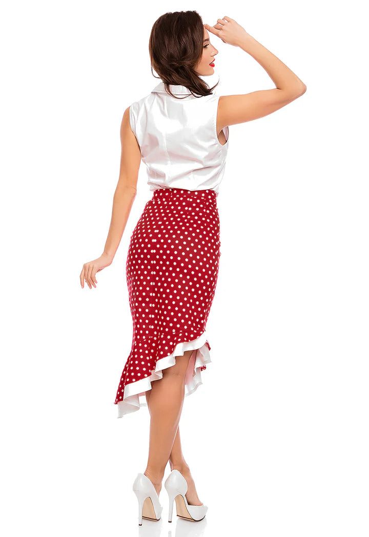 Dolly and Dotty Madison Red Polka Dot 50s Style Pencil Ruffle Skirt, Back