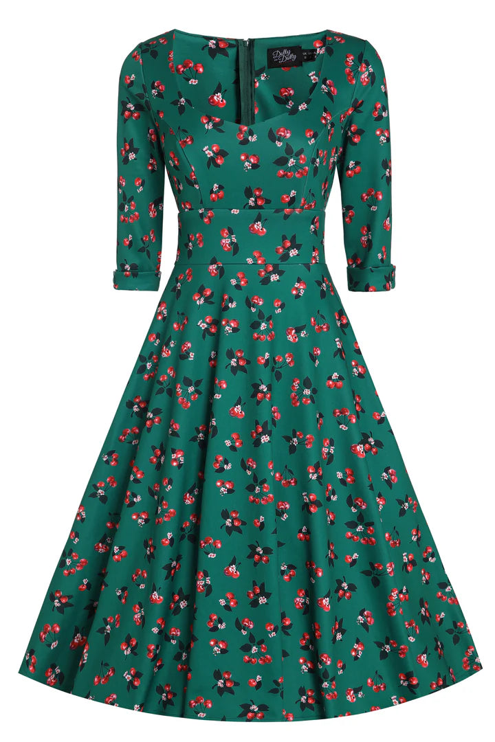 Dolly and Dotty Emerald Cherry Print Sweetheart Retro Rockabilly Dress, Front