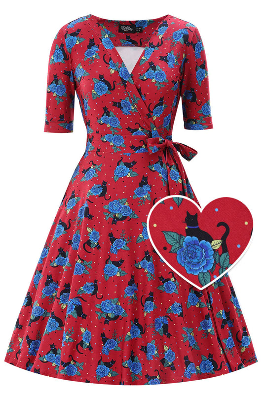 Vintage Style Red Dress with Cat and Rose Print, Front