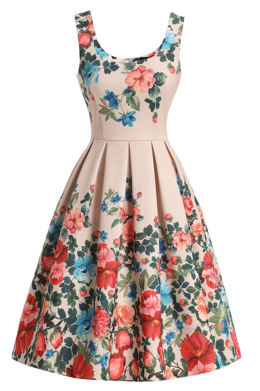 Floral swing dress with a floral pattern on a white background, Front.