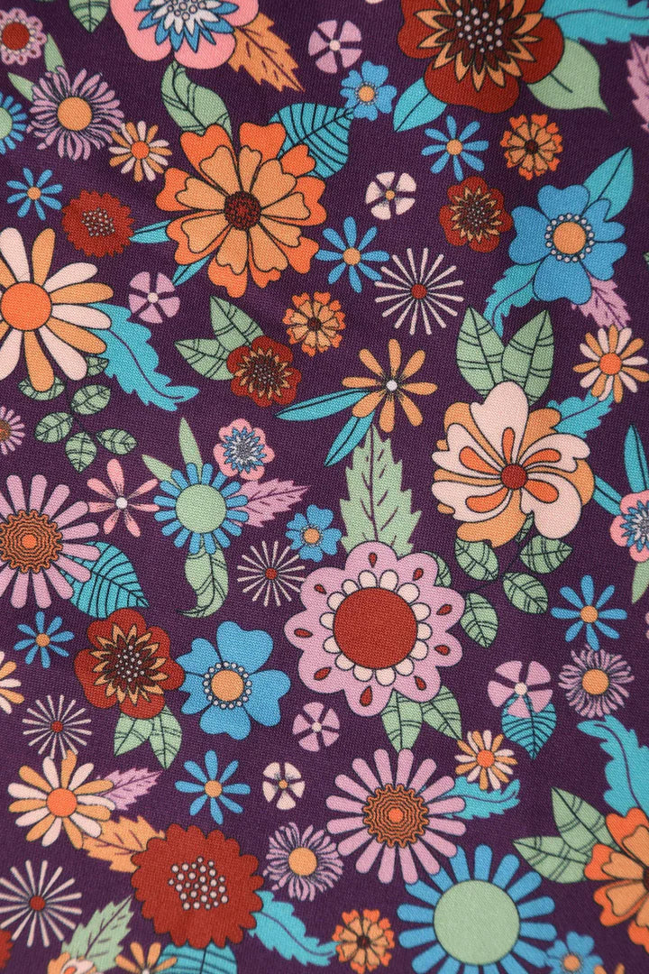 Dolly and Dotty Scarlette Purple Retro Floral Print 50s Style Dress, Fabric Print Close up