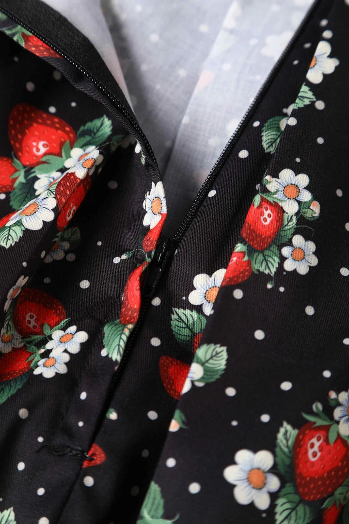 Vintage Style A-Line Skirt, Floral and Strawberry Print, Back View with Zip