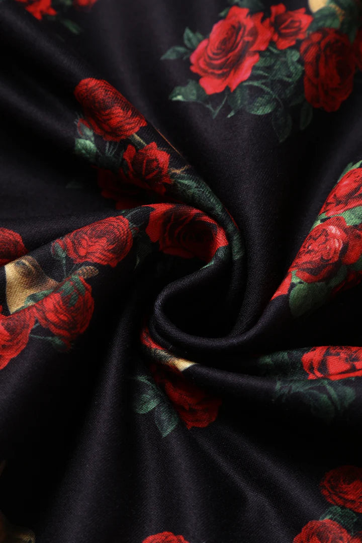 Dolly and Dotty Brenda Black Rose and Bird Print Vintage Style Dress, Fabric Close up