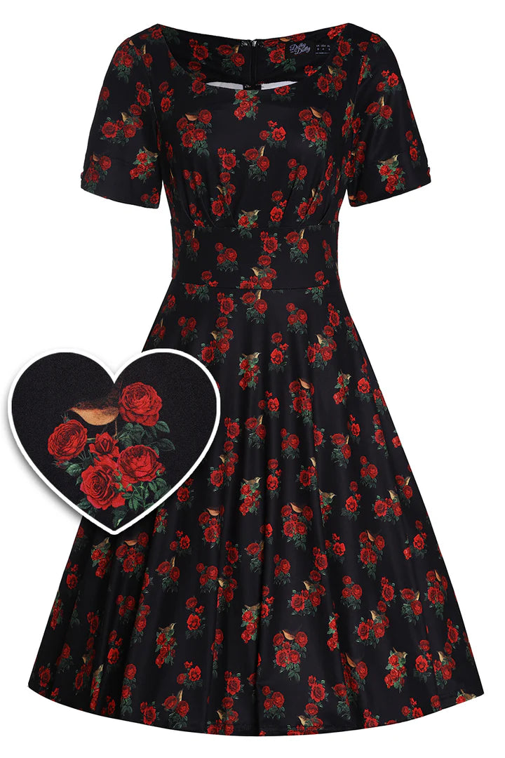 Dolly and Dotty Brenda Black Rose and Bird Print 1950s Style Dress, Front