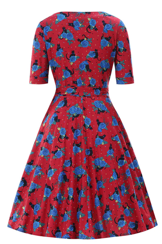 Vintage Style Red Dress with Cat and Rose Print, Back