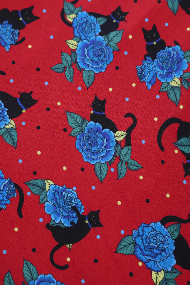 Vintage Style Red Dress with Cat and Rose Print, Close up Print