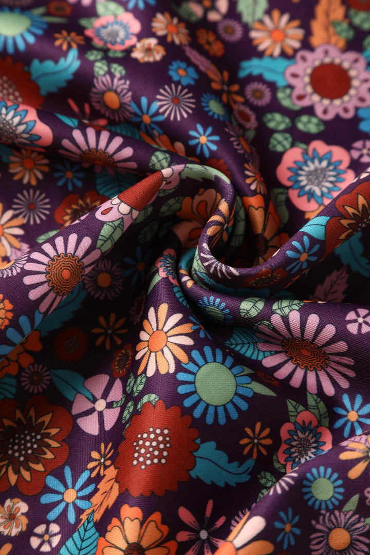 Dolly and Dotty Scarlette Purple Retro Floral Print 50s Style Dress, Fabric Close up
