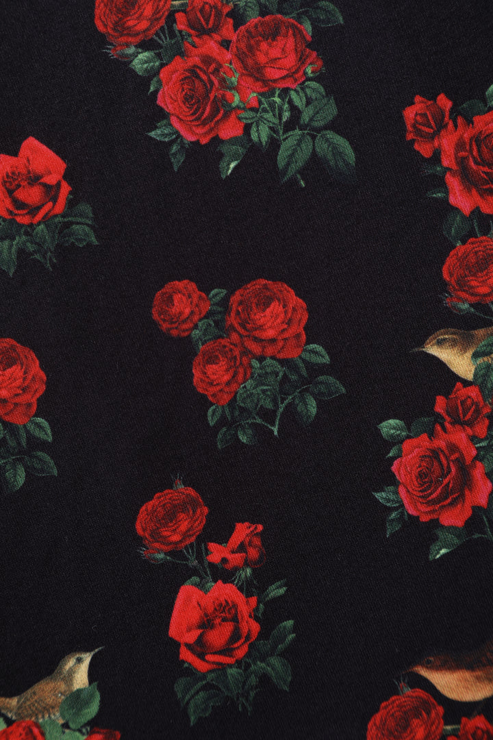 Dolly and Dotty Brenda Black Rose and Bird Print Vintage Style Dress, Roses Fabric Close up