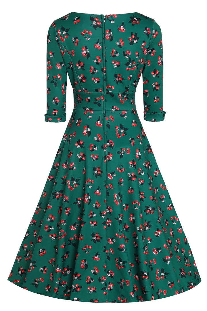 Dolly and Dotty Emerald Cherry Print Sweetheart Vintage Style Dress, Back