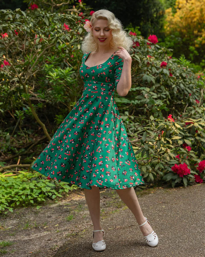 Dolly and Dotty Emerald Cherry Print Sweetheart Retro Dress, Front