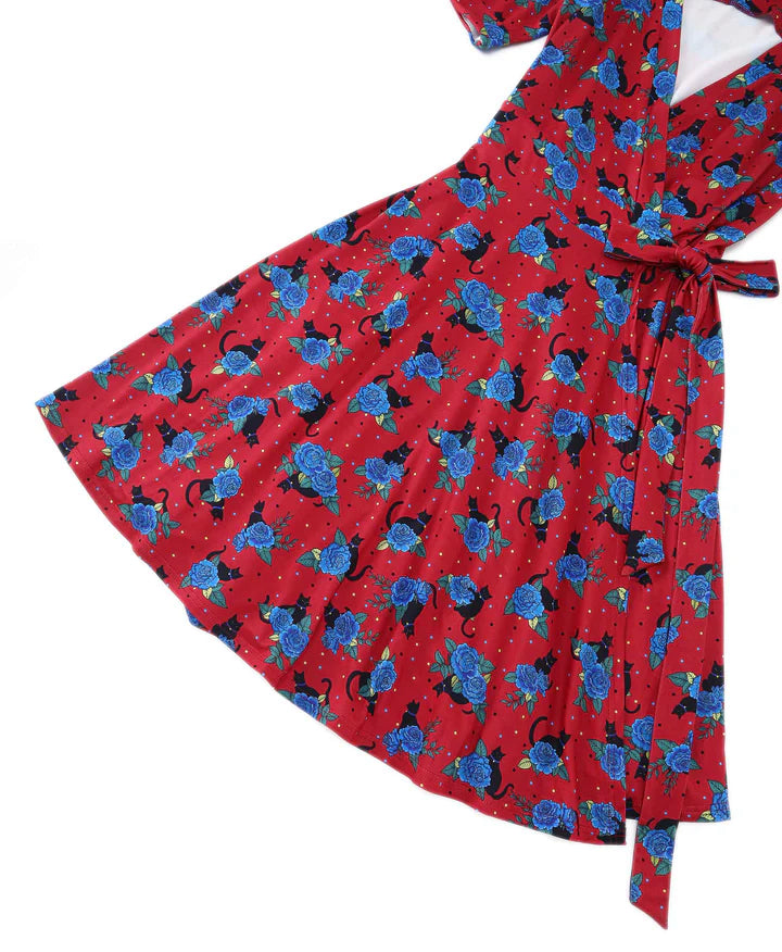 Matilda Vintage Black Cat and Rose Wrap Dress in Crimson Red