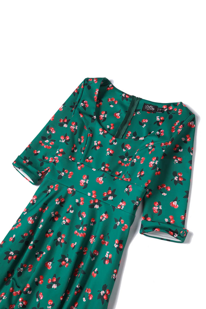 Dolly and Dotty Emerald Cherry Print Sweetheart Vintage Dress, Close up