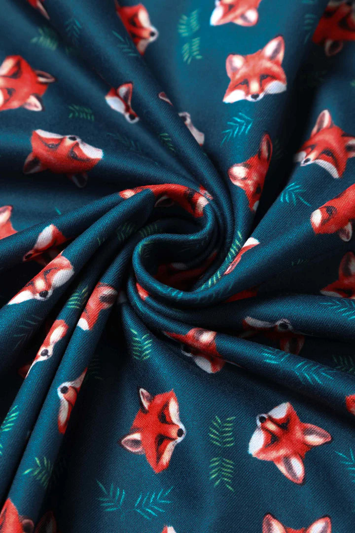 Dolly and Dotty Billie Long Sleeved Blue Fox Print Retro Dress, Fabric Close up