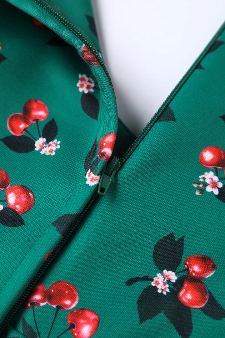 Dolly and Dotty Emerald Cherry Print Vintage Dress, Back Zip