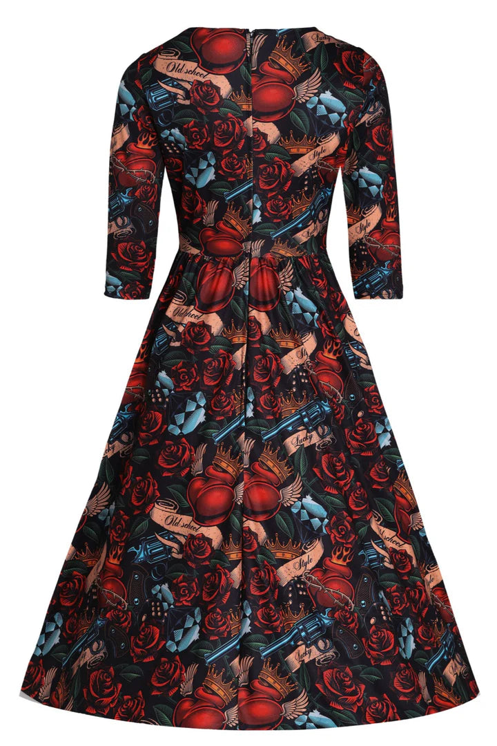 Dolly and Dotty Billie Long Sleeved Guns and Roses Print Retro Vintage Dress, Back