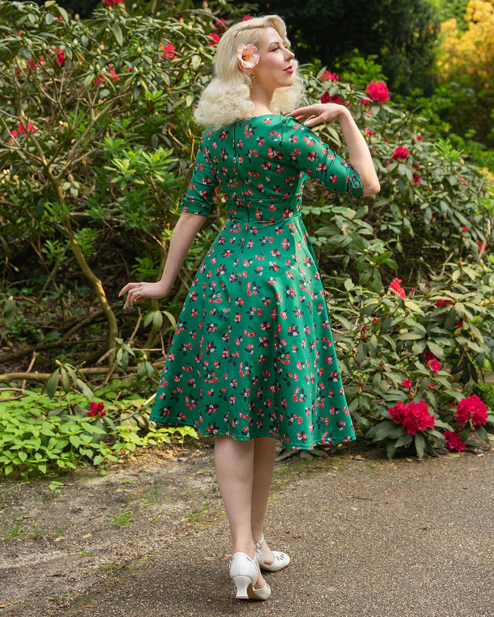Dolly and Dotty Emerald Cherry Print Sweetheart Vintage Dress, Back