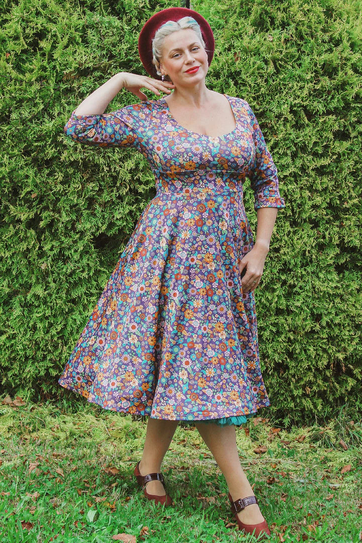 Dolly and Dotty | Scarlette Purple Retro Floral Print | Vintage Dress   Valerie Vintage
