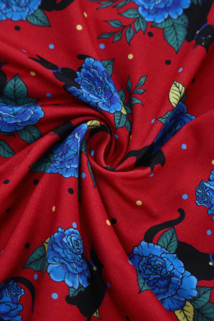 Vintage Style Red Dress with Cat and Rose Print, Fabric Close up