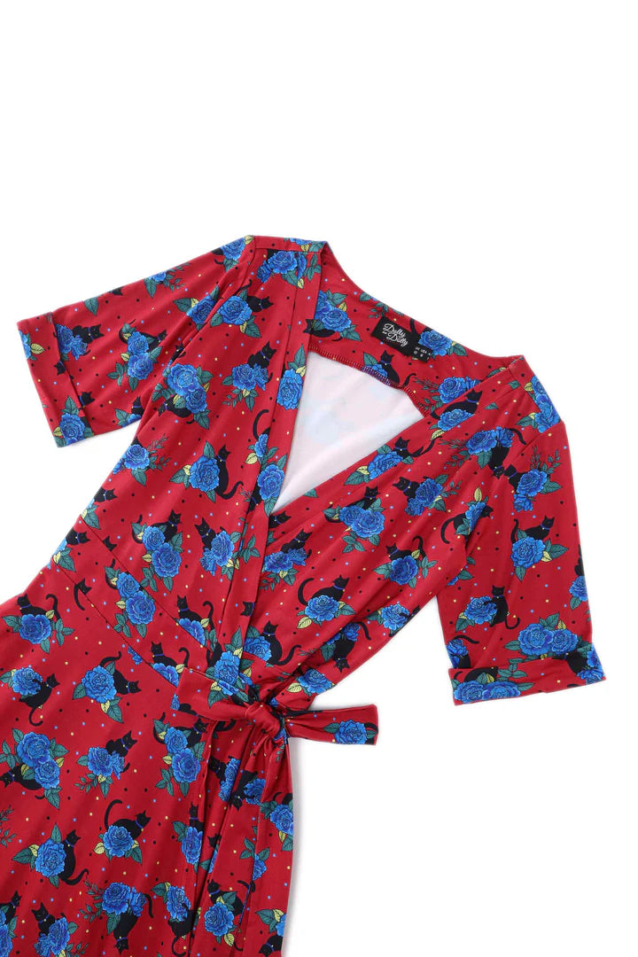 Vintage Style Red Dress with Cat and Rose Print, Top View