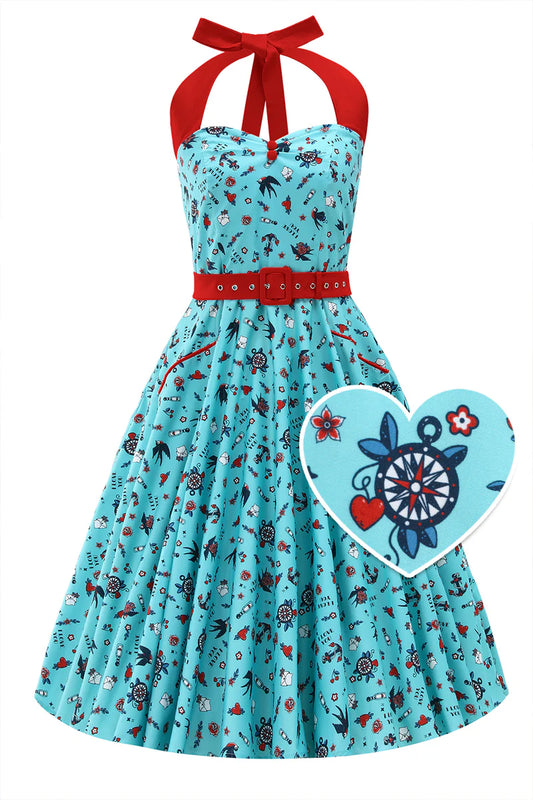 Blue dress with red accents and a heart-shaped design overlay on a white background
