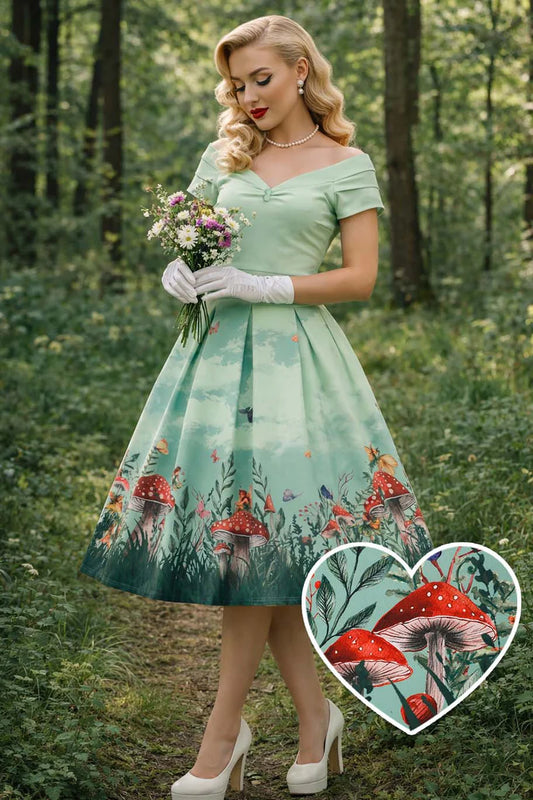 Woman in a vintage-style dress with mushroom and fairy land design, standing in a forest