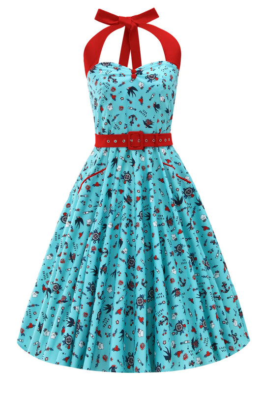 Blue vintage-style dress with red accents on a white background, front view