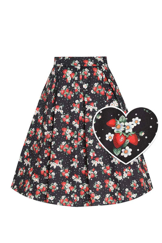 Vintage Style A-Line Skirt, Floral and Strawberry Print, Front