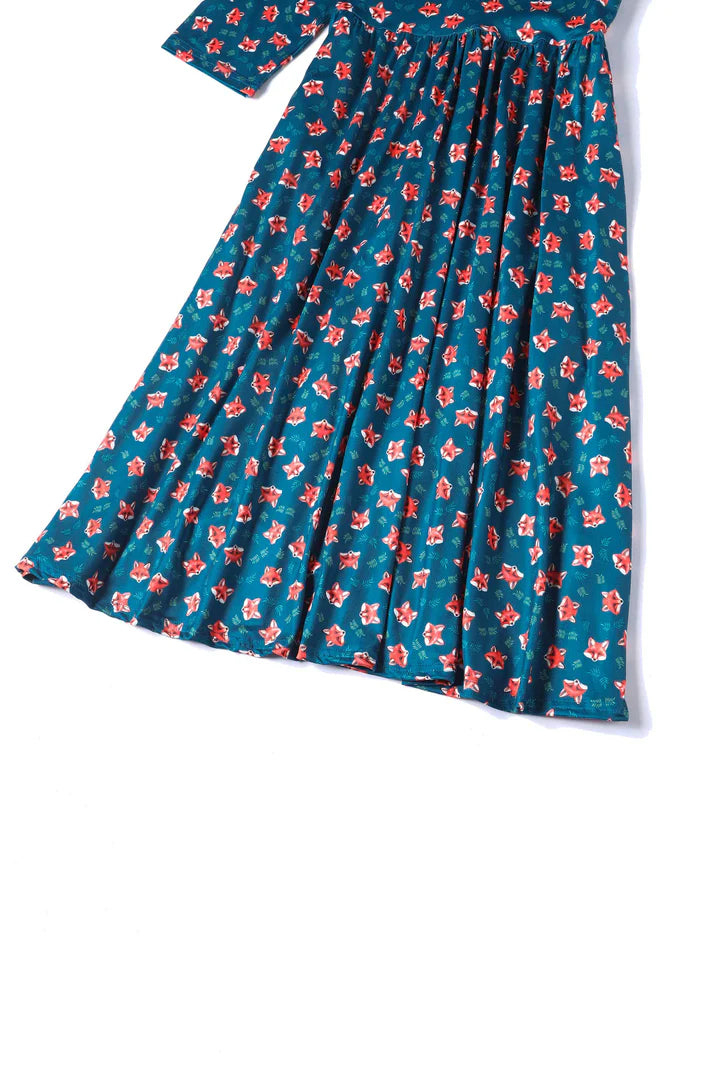 Dolly and Dotty Billie Long Sleeved Blue Fox Print Vintage Style Dress, View of Skirt