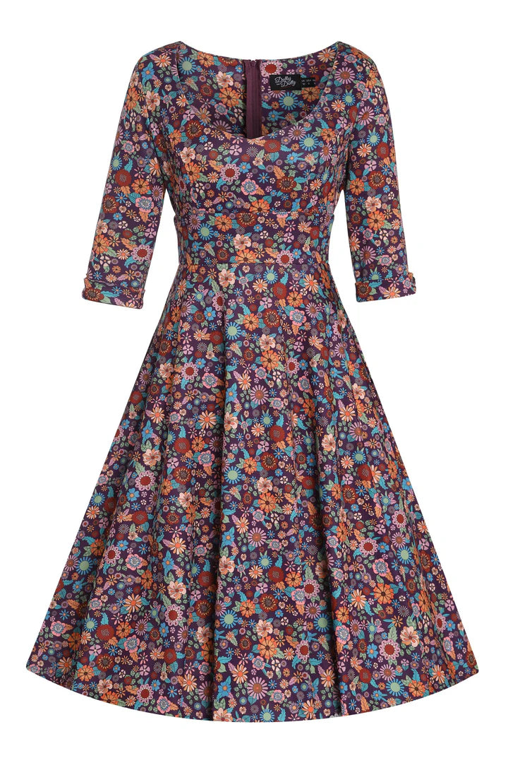 Dolly and Dotty Scarlette Purple Retro Floral Print Vintage Dress, Front
