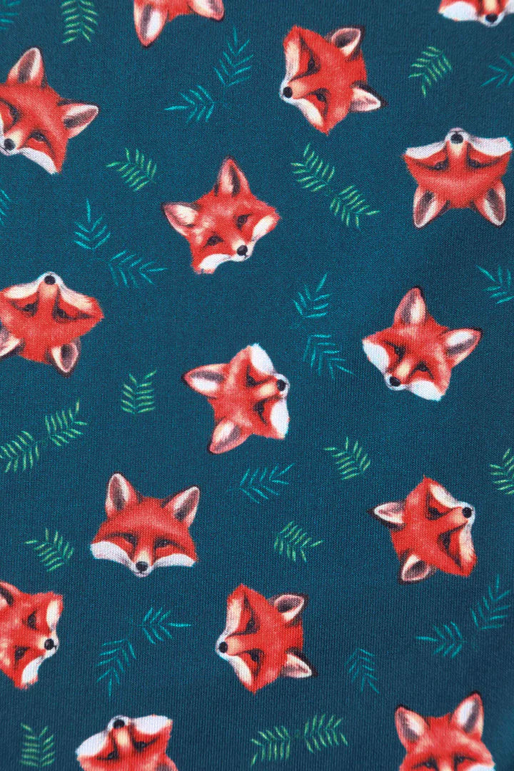 Dolly and Dotty Billie Long Sleeved Blue Fox Print Retro Dress, Fabric Print Close up