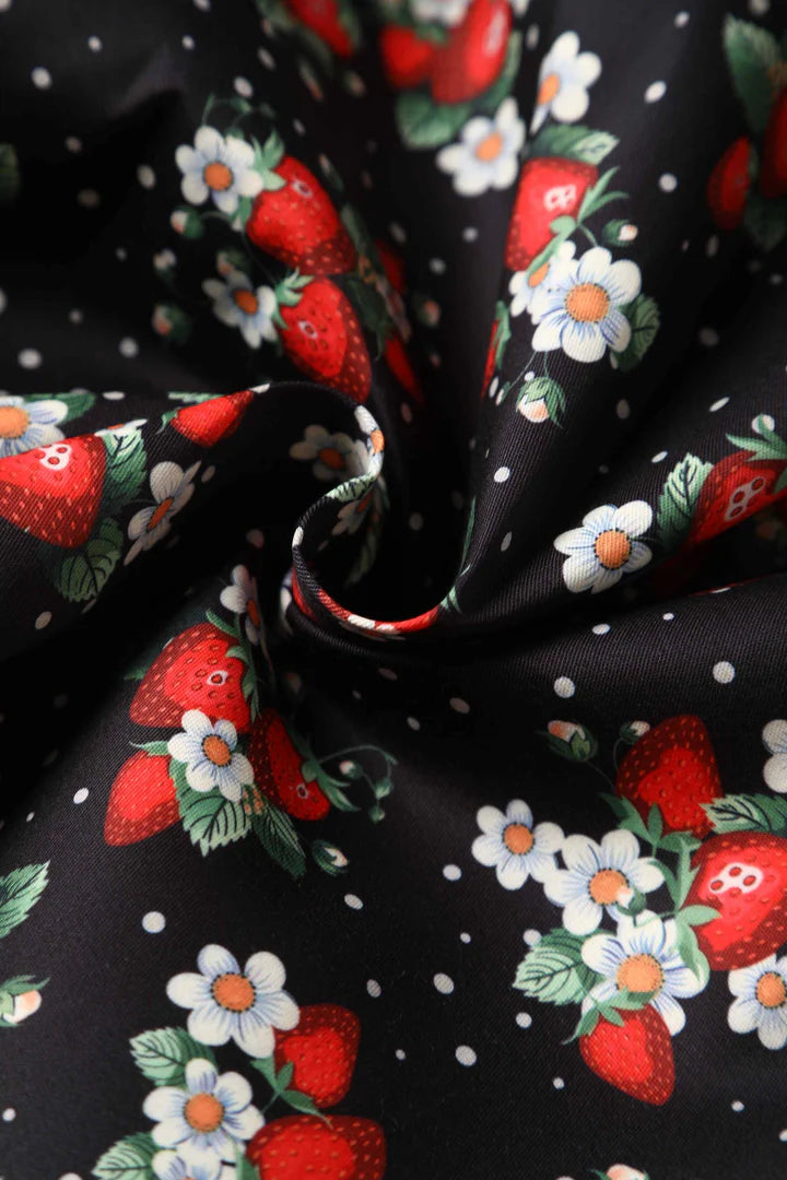 Vintage Style A-Line Skirt, Floral and Strawberry Print, Fabric Close Up