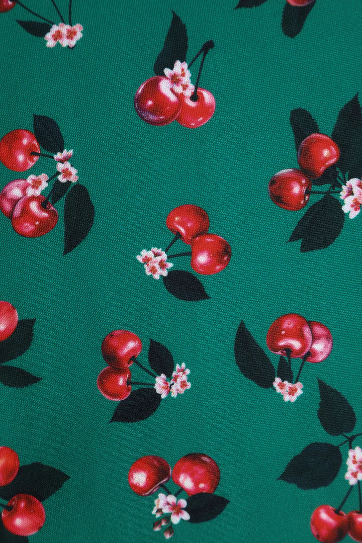 Dolly and Dotty Emerald Cherry Print Retro Dress, Fabric Print Close up
