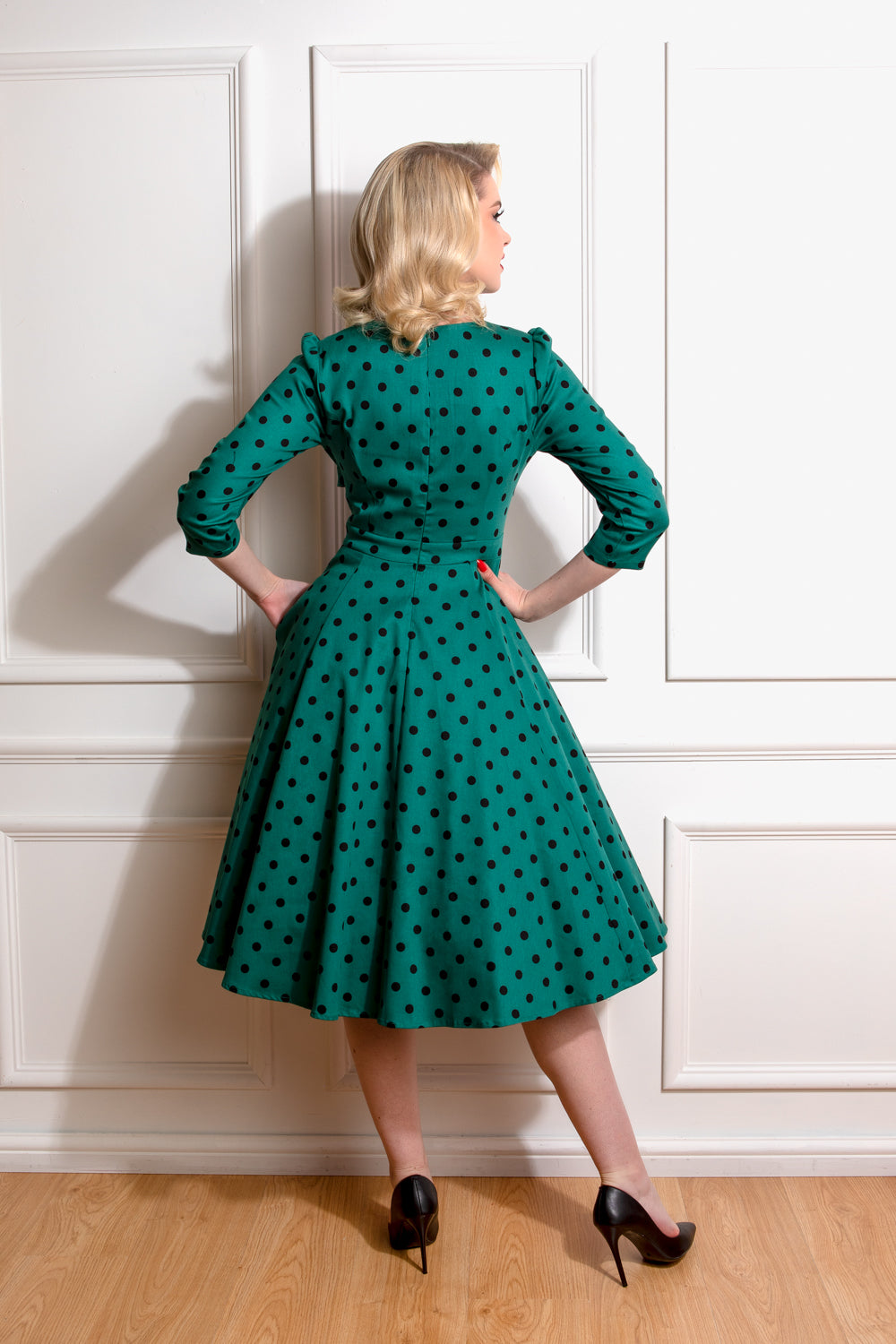 Hearts and Roses London Finley Green Polka Dot Swing Vintage Style Dress, Back