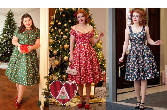 Three women wearing different Christmas print swing dresses, 1950s style