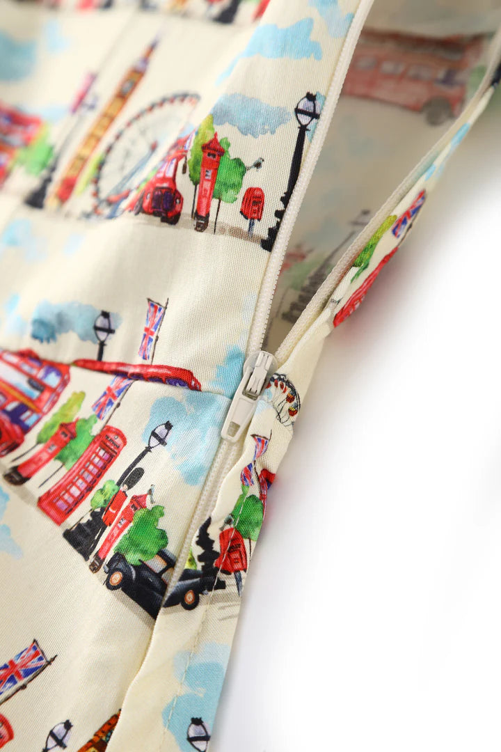 Fabric and Zip of London-themed vintage-style dress featuring iconic landmarks and vehicles.