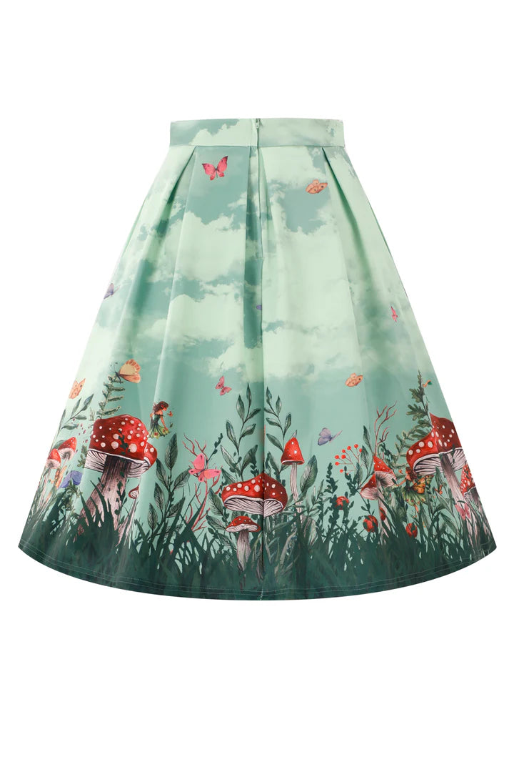 Vintage Pleated Skirt with forest design featuring mushrooms and fairies on a white background, back.
