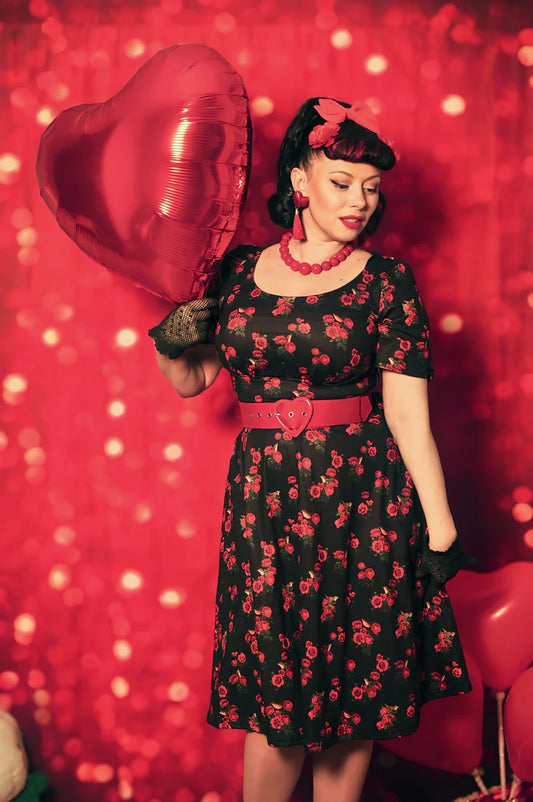 Dolly and Dotty Brenda Black Rose and Bird Print Vintage Dress, Front