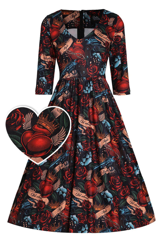 Dolly and Dotty Billie Long Sleeved Guns and Roses Vintage Dress, Front