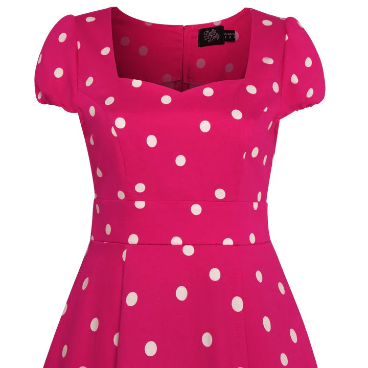 Dolly and Dotty Hot Pink Polka Dot Vintage Dress 1950s Style, Close up