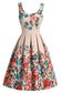 Floral swing dress with a floral pattern on a white background, Front.
