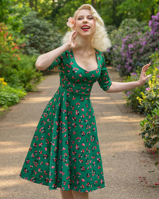 Dolly and Dotty Emerald Cherry Print Sweetheart Vintage Style Dress, Front