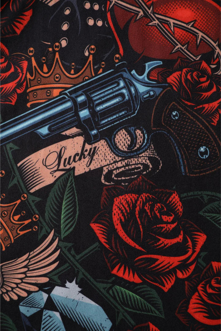 Dolly and Dotty Billie Long Sleeved Guns and Roses Print Vintage Dress, Fabric Close up